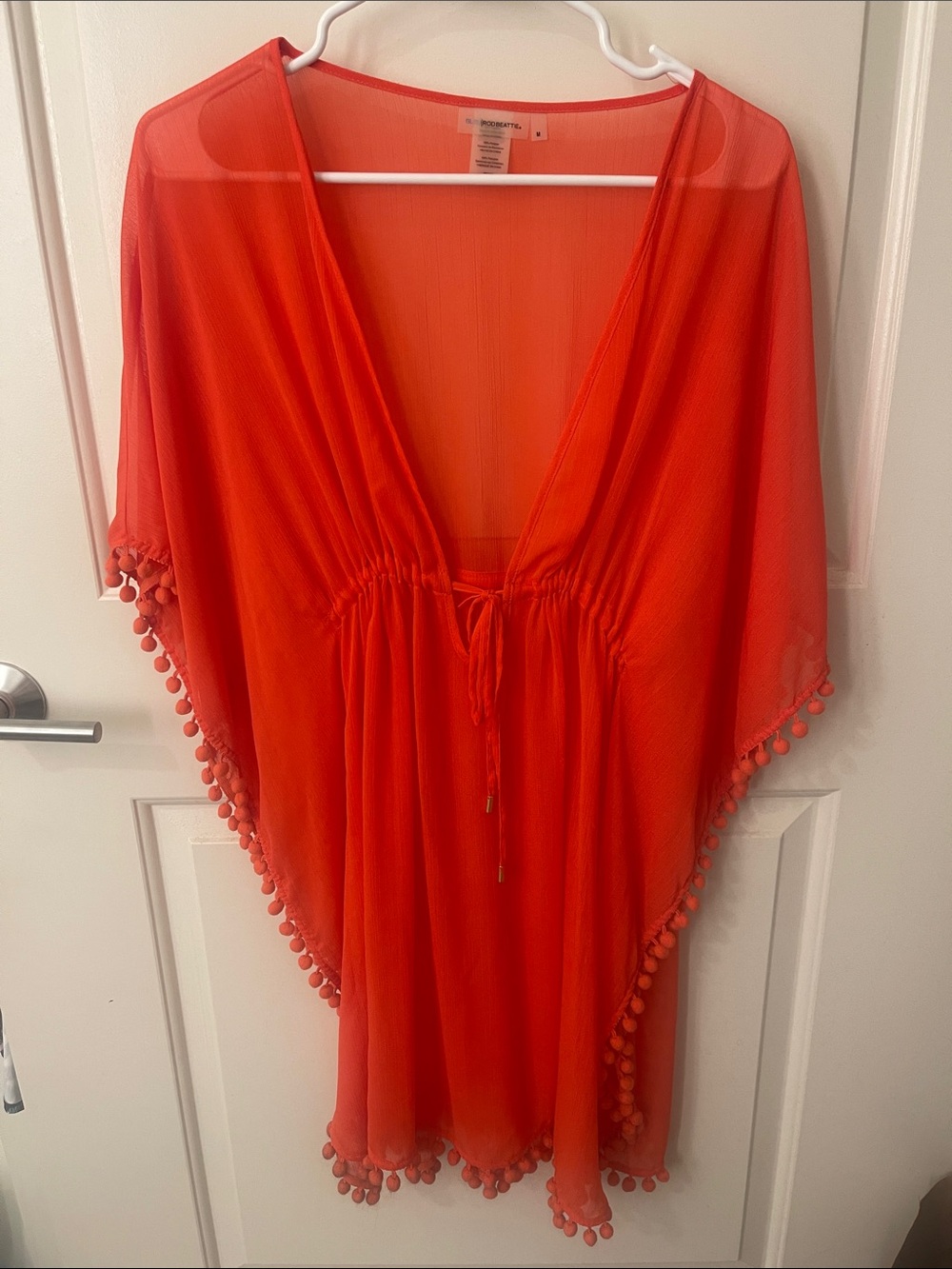 Bleu Rod Beattie Orange Sheer Pom-Pom Trim Beach Cover-Up